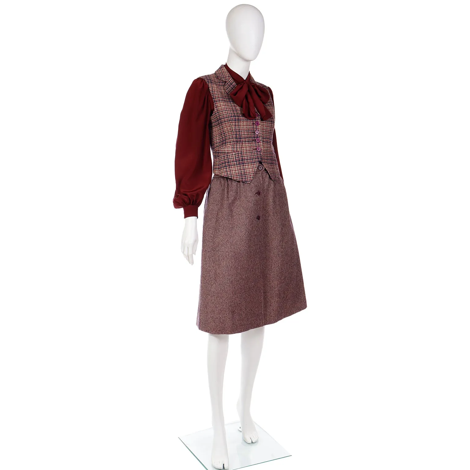 1970s Jean Patou Boutique 3pc Burgundy Culotte Plaid Vest & Blouse Outfit