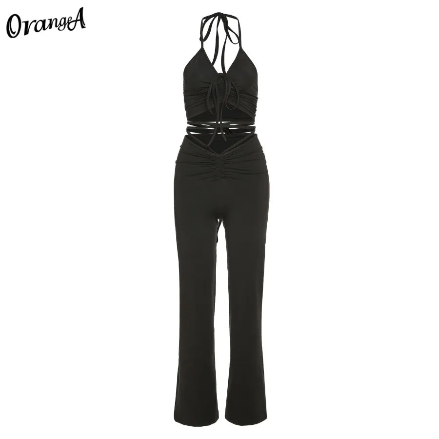 2 Piece Halter bandage v-neck sleeveless ruched tops sweatpants matching clubwear stretchy skinny bodycon Set