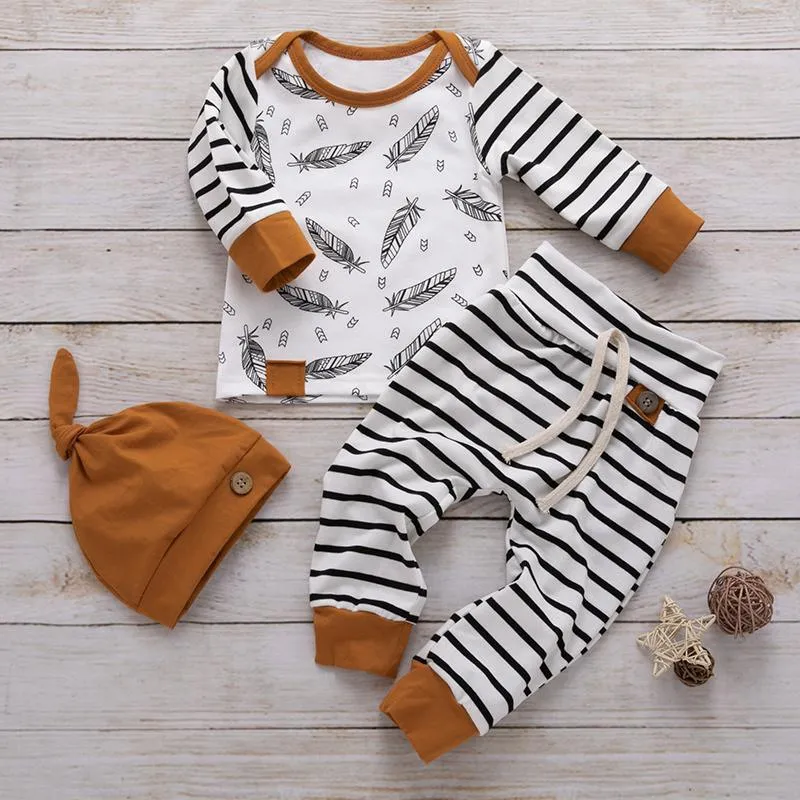 3-piece Feather Stripe Tee, Pants and Hat Set Children's clothing wholesale