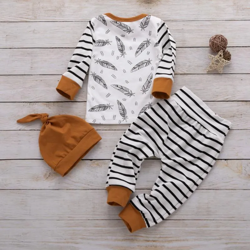 3-piece Feather Stripe Tee, Pants and Hat Set Children's clothing wholesale