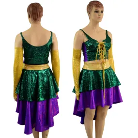 4PC Hi Lo Layered Mardi Gras Skirt, Lace Up Top and Arm Warmer Set