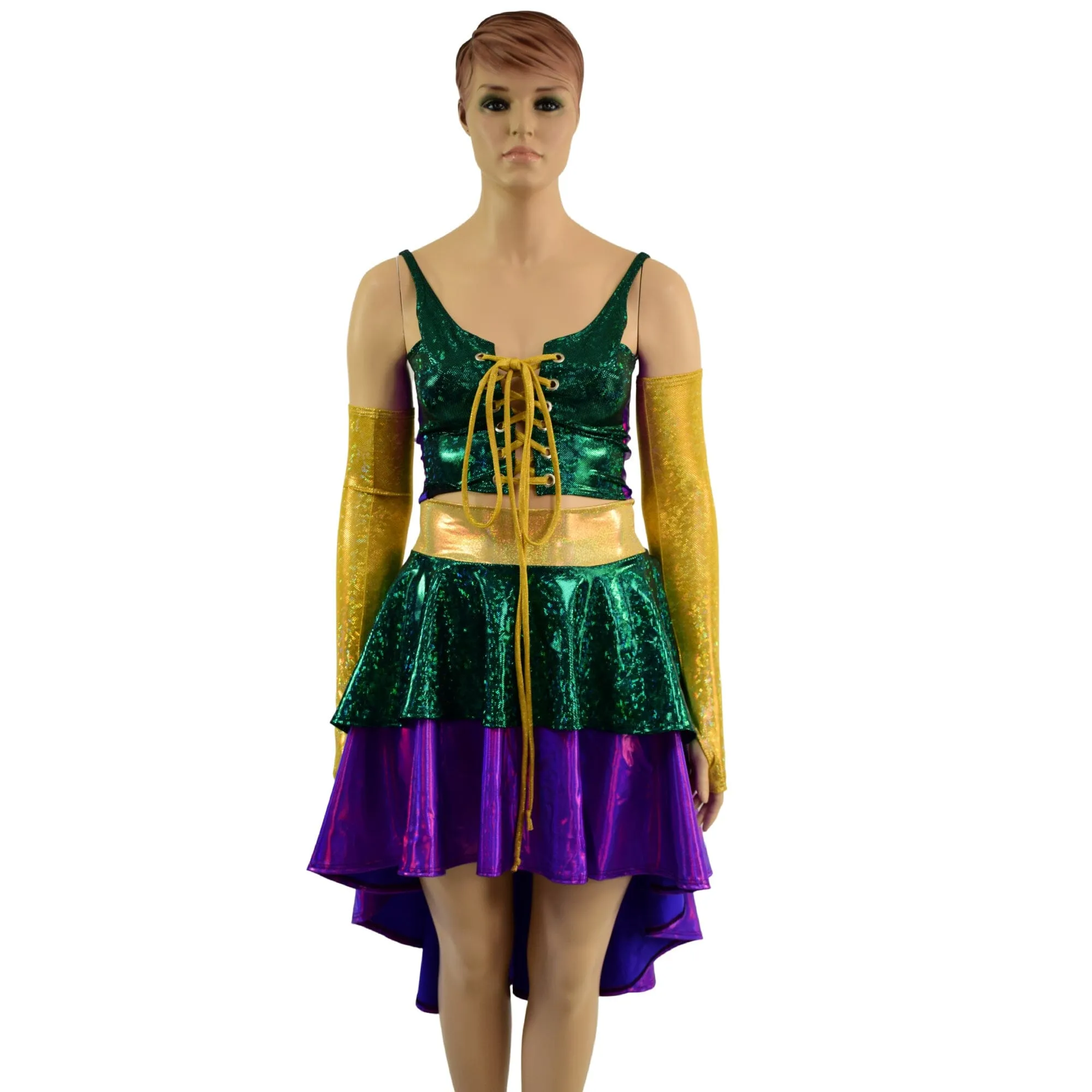 4PC Hi Lo Layered Mardi Gras Skirt, Lace Up Top and Arm Warmer Set