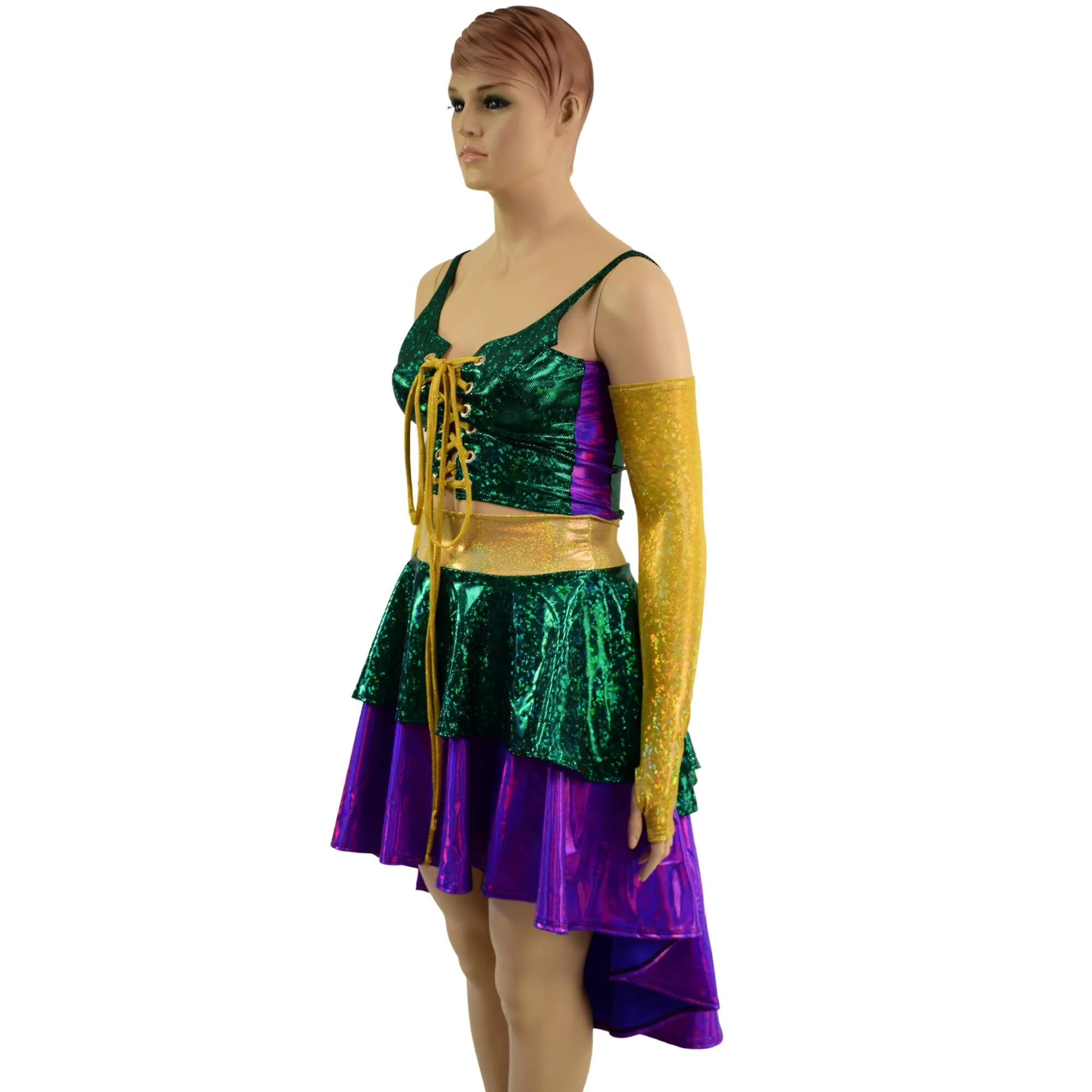 4PC Hi Lo Layered Mardi Gras Skirt, Lace Up Top and Arm Warmer Set