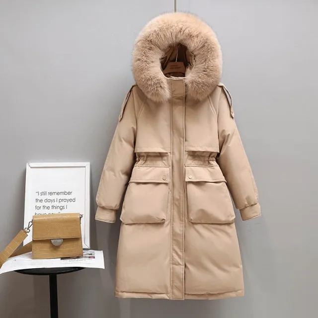 90% Real Down Long Parka Winter Women Long Jacket Large Natural Fur Hooded Parka