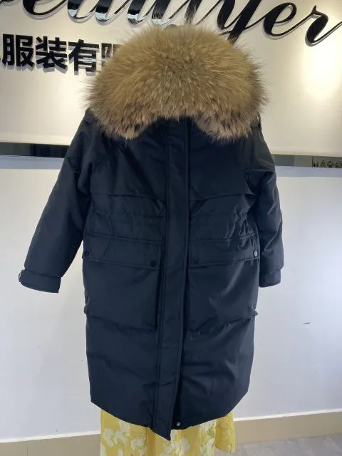 90% Real Down Long Parka Winter Women Long Jacket Large Natural Fur Hooded Parka