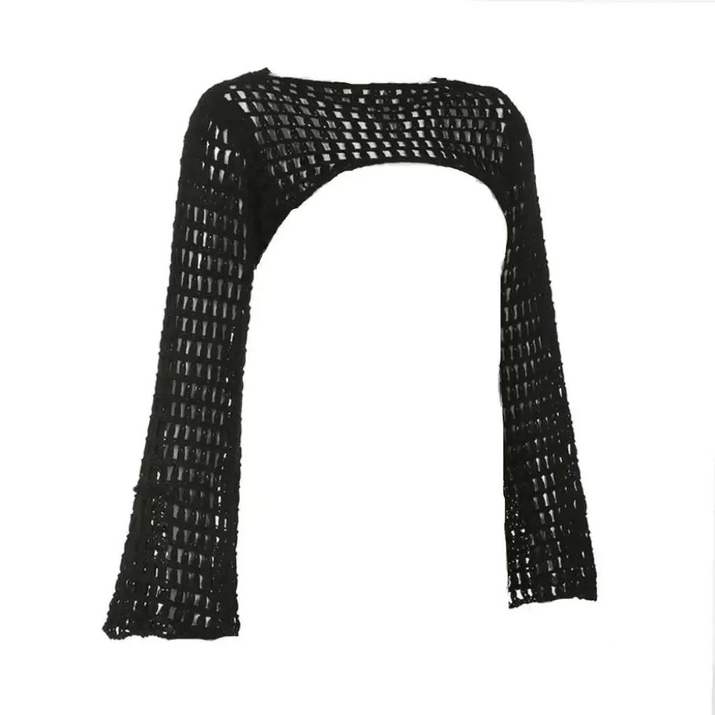 Aiertu Women Y2k Crochet Knit Hollow Out Crop Top Long Flared Sleeve Shrug Sweater Mesh Cover Ups Cardigan Streetwear Pullover Women