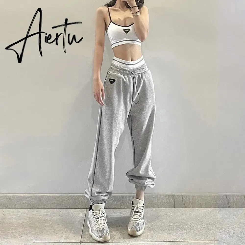 Aieru Drawstring Sweatpants Print Loose Casual Jogger Pants Women Fashion High Waist Comfort Athleisure Gym Running Harem Pant