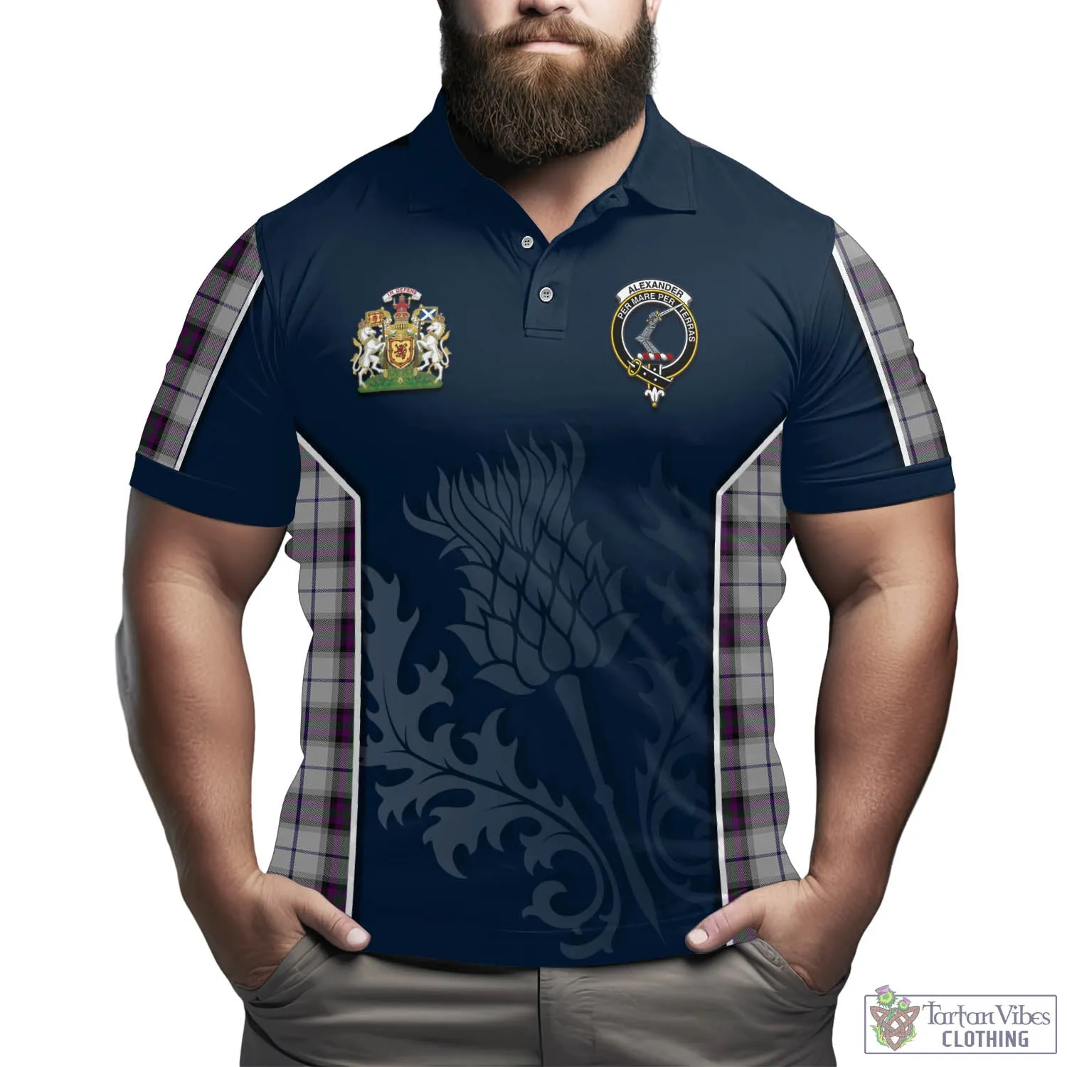 Alexander of Menstry Dress Tartan Men's Polo Shirt with Family Crest and Scottish Thistle Vibes Sport Style