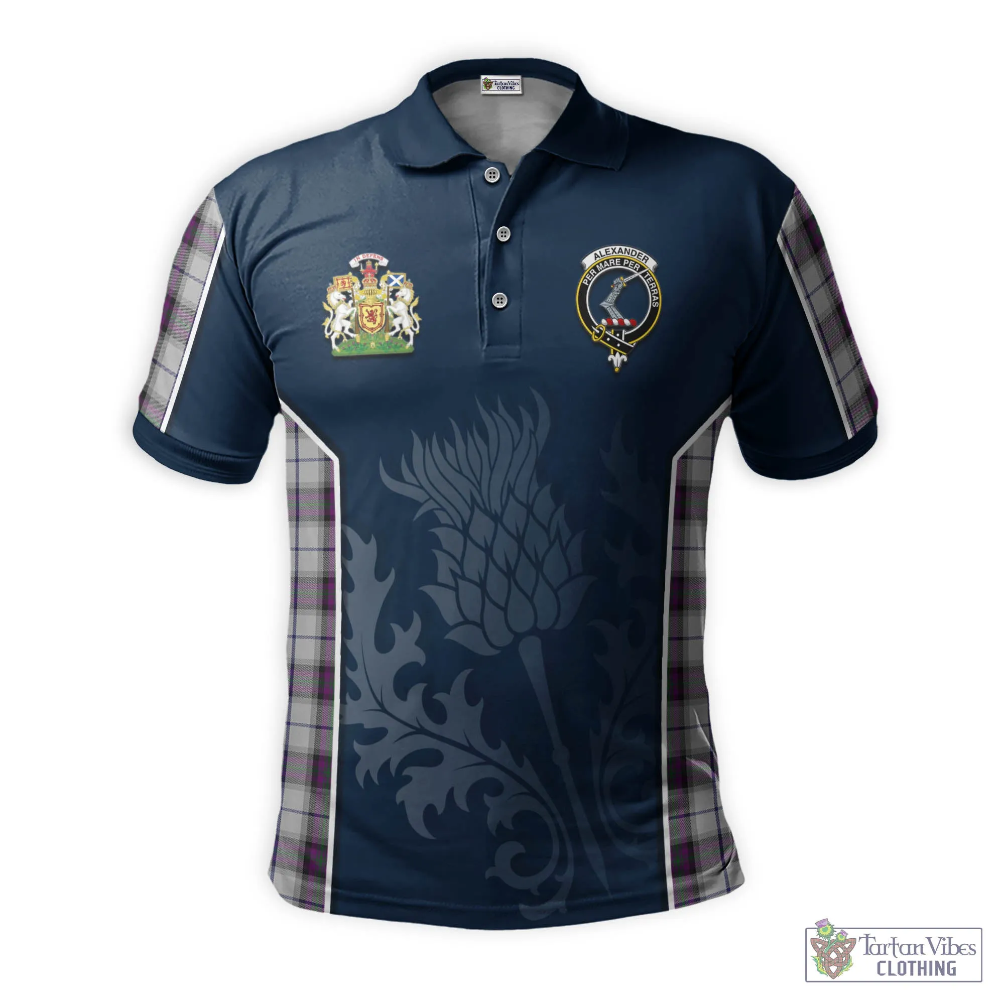 Alexander of Menstry Dress Tartan Men's Polo Shirt with Family Crest and Scottish Thistle Vibes Sport Style