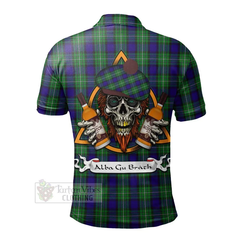 Alexander Tartan Polo Shirt with Family Crest and Bearded Skull Holding Bottles of Whiskey