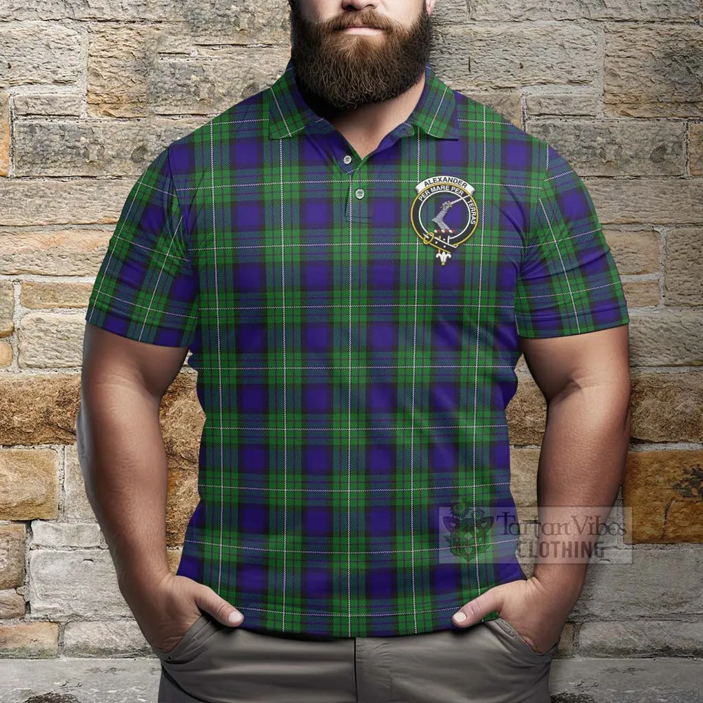 Alexander Tartan Polo Shirt with Family Crest and Bearded Skull Holding Bottles of Whiskey