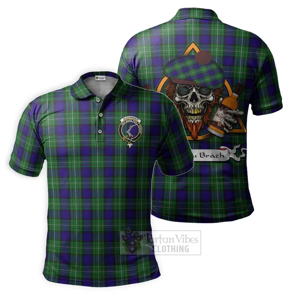 Alexander Tartan Polo Shirt with Family Crest and Bearded Skull Holding Bottles of Whiskey