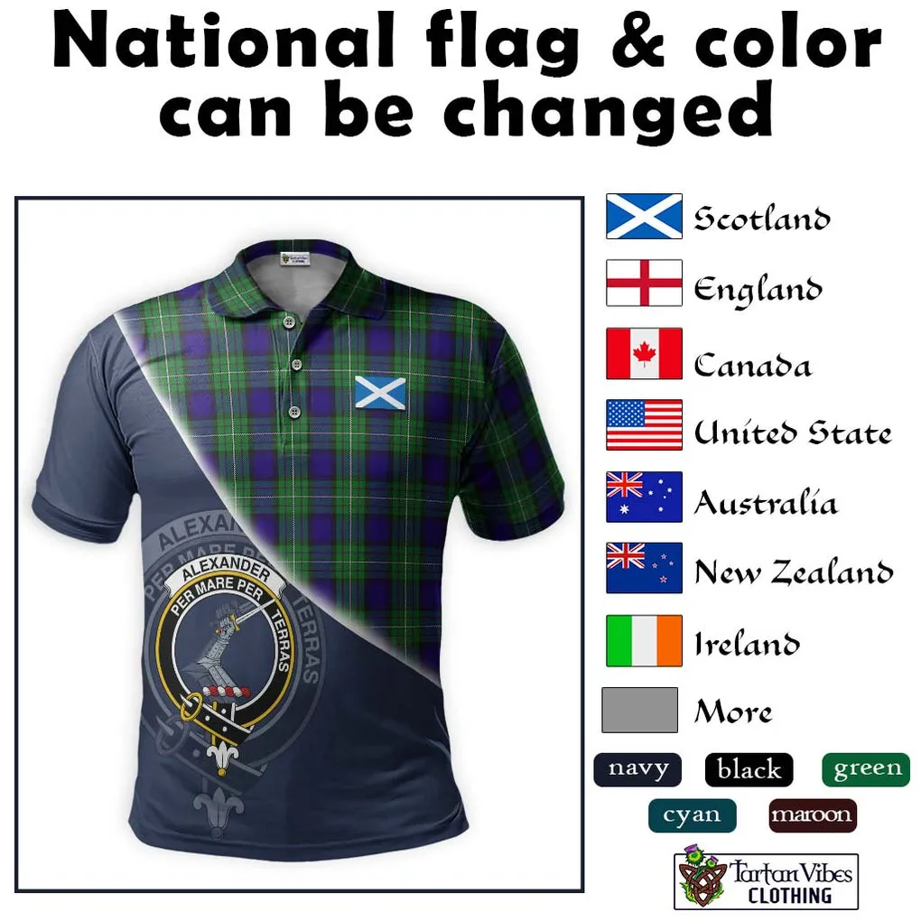 Alexander Tartan Polo Shirt with Personalised National Flag and Family Crest Half Style