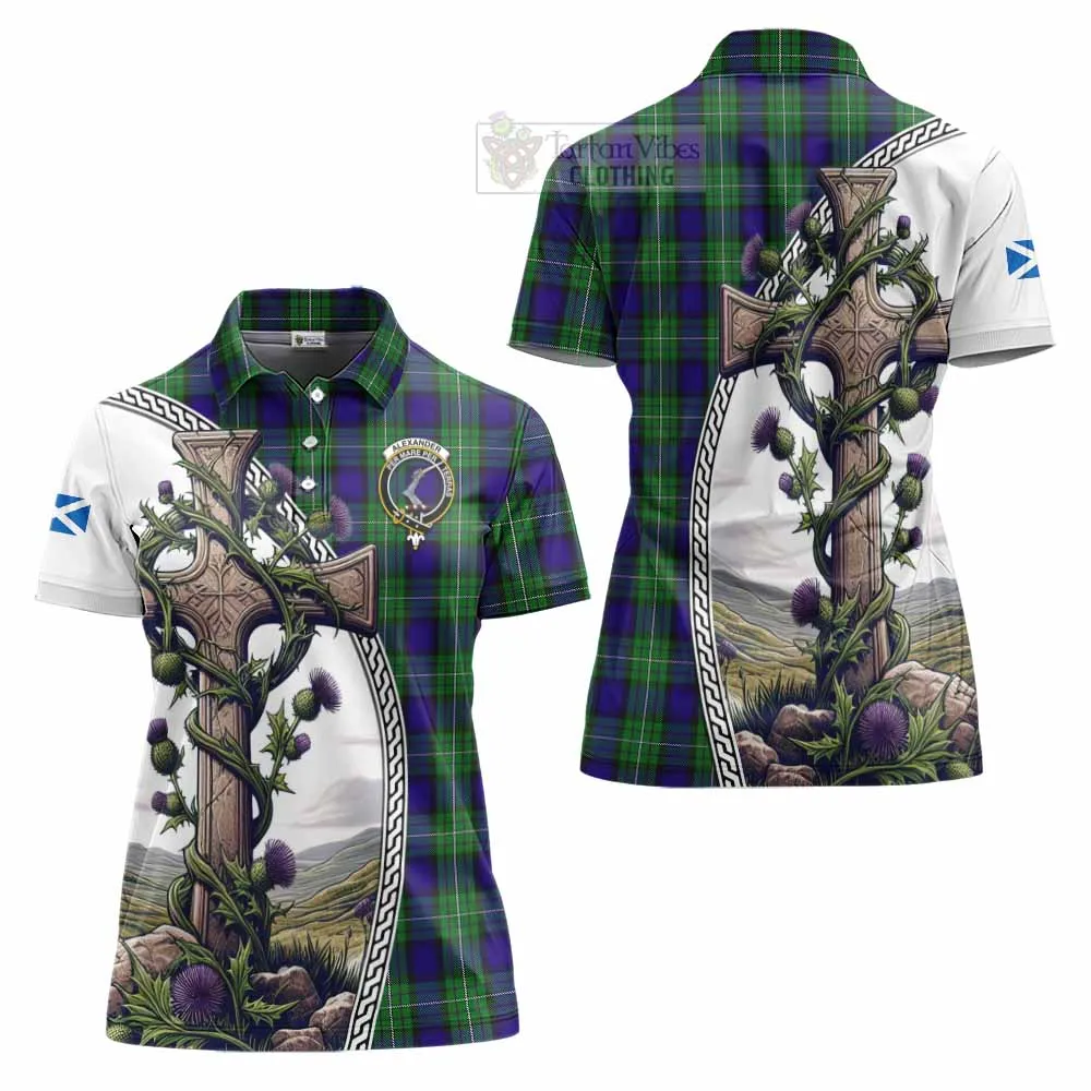 Alexander Tartan Women's Polo Shirt with Family Crest and St. Andrew's Cross Accented by Thistle Vines