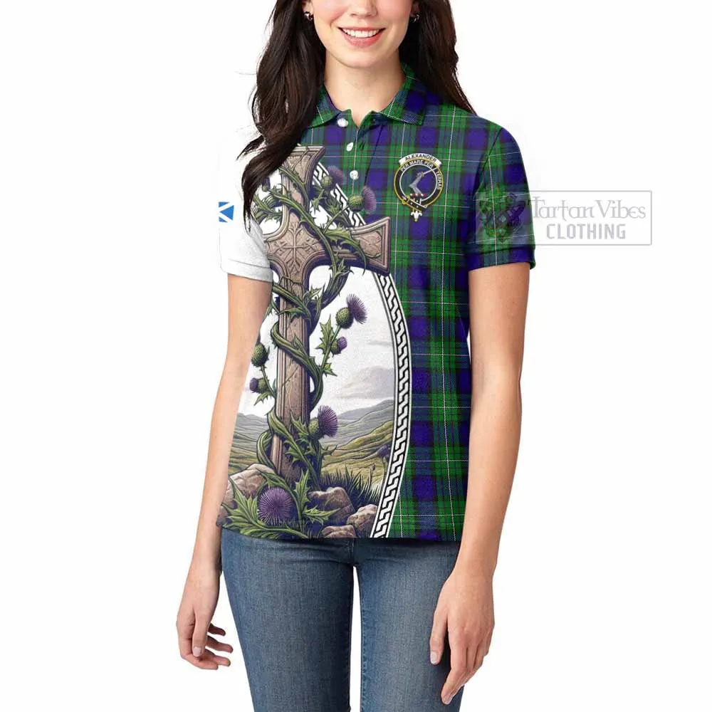 Alexander Tartan Women's Polo Shirt with Family Crest and St. Andrew's Cross Accented by Thistle Vines