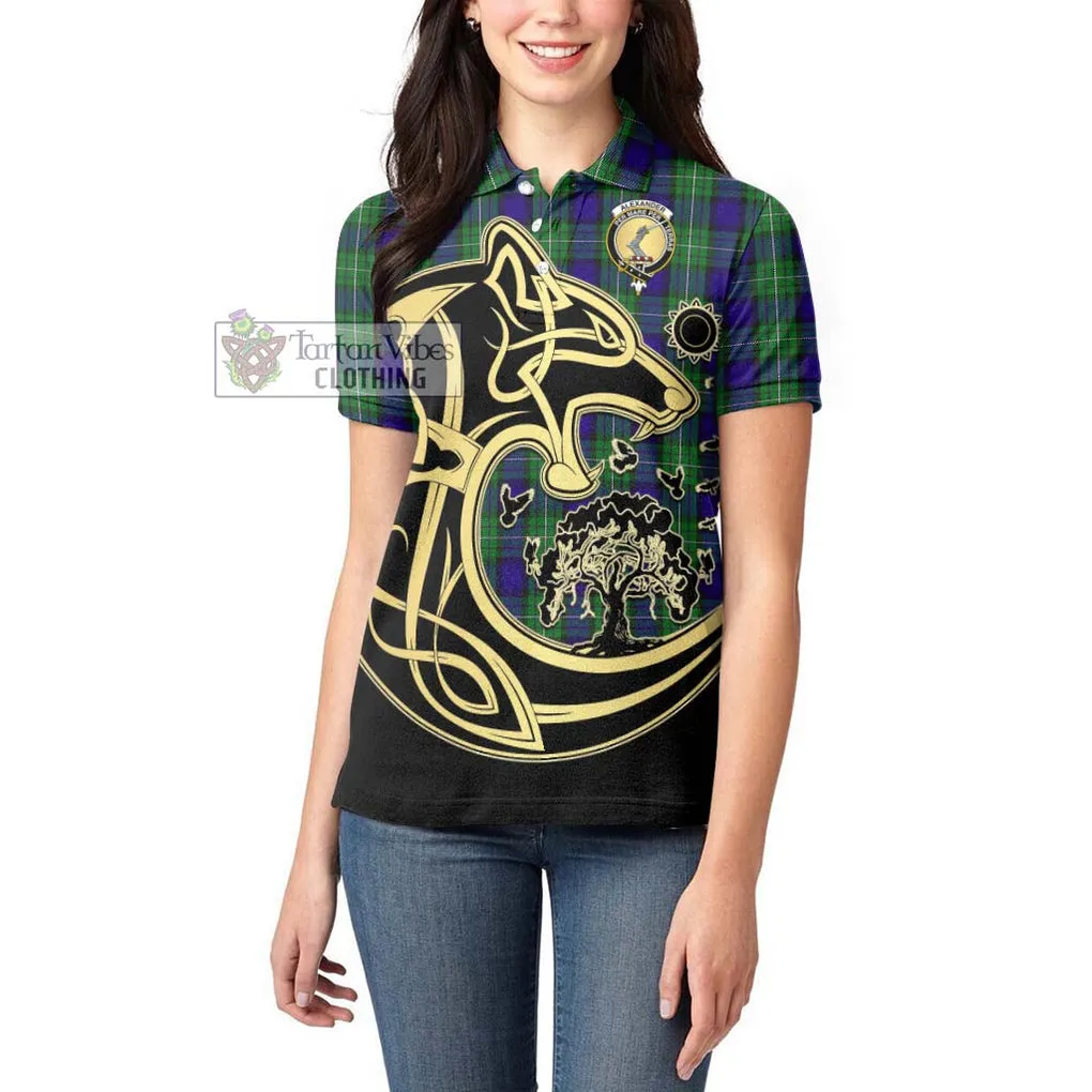 Alexander Tartan Women's Polo Shirt with Family Crest Celtic Wolf Style