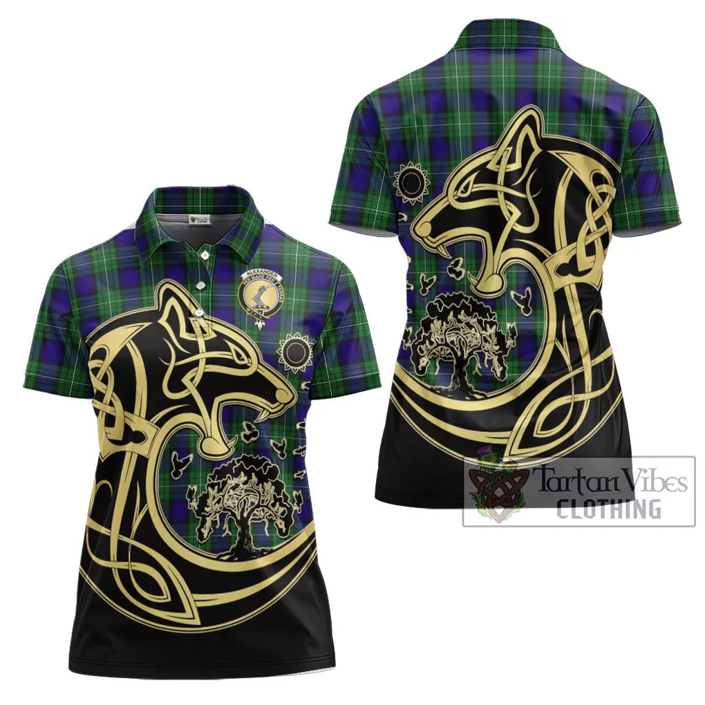 Alexander Tartan Women's Polo Shirt with Family Crest Celtic Wolf Style