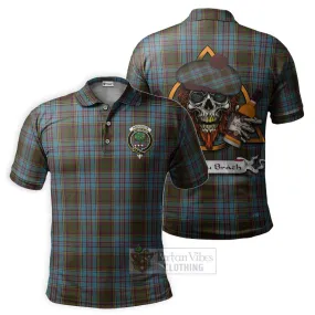 Anderson Tartan Polo Shirt with Family Crest and Bearded Skull Holding Bottles of Whiskey