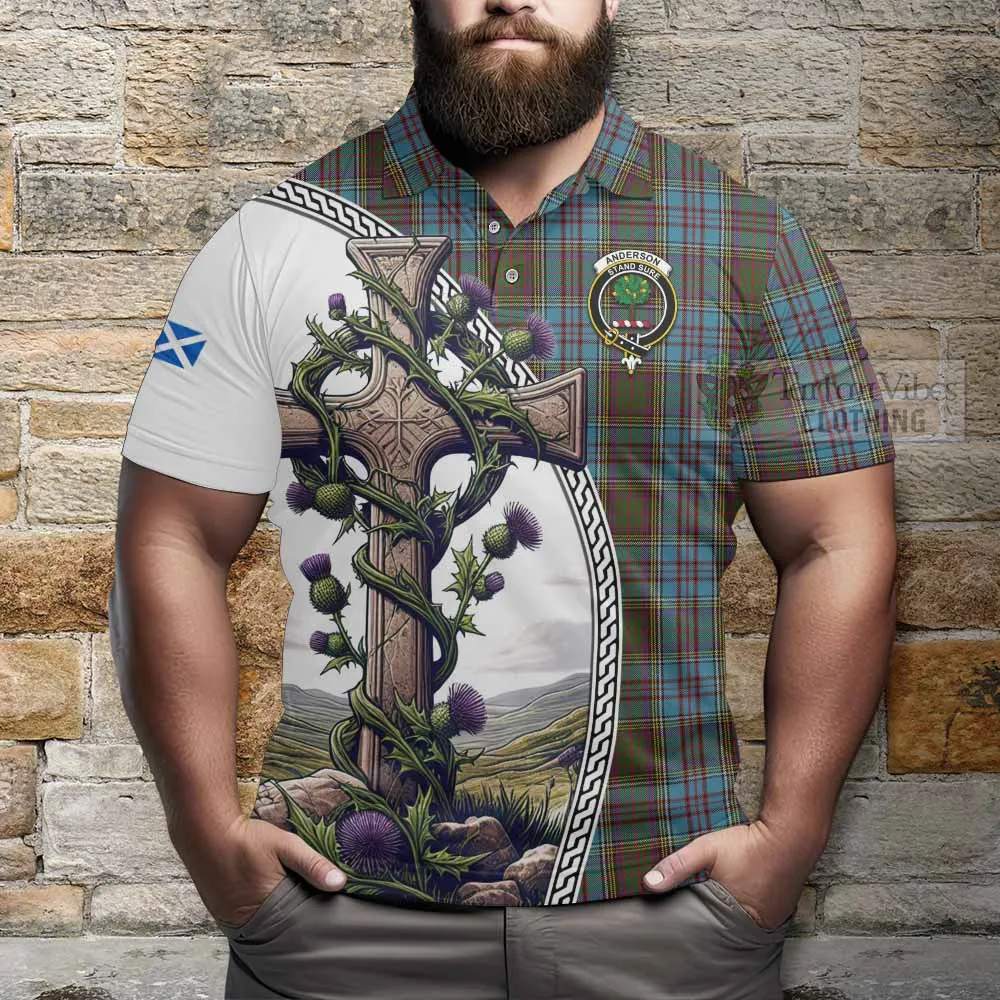 Anderson Tartan Polo Shirt with Family Crest and St. Andrew's Cross Accented by Thistle Vines