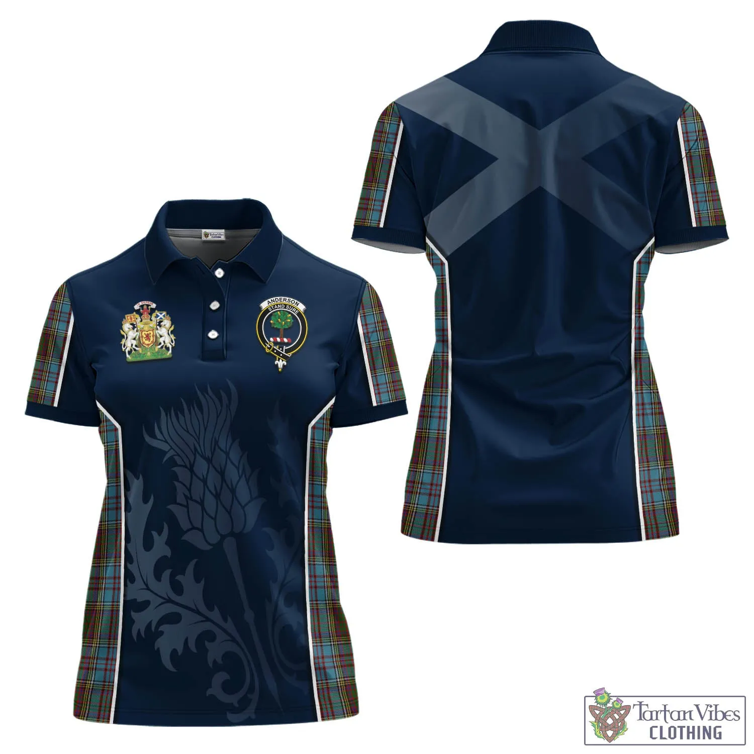 Anderson Tartan Women's Polo Shirt with Family Crest and Scottish Thistle Vibes Sport Style