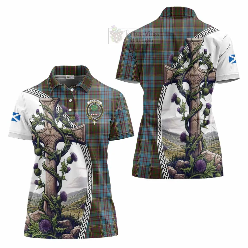 Anderson Tartan Women's Polo Shirt with Family Crest and St. Andrew's Cross Accented by Thistle Vines