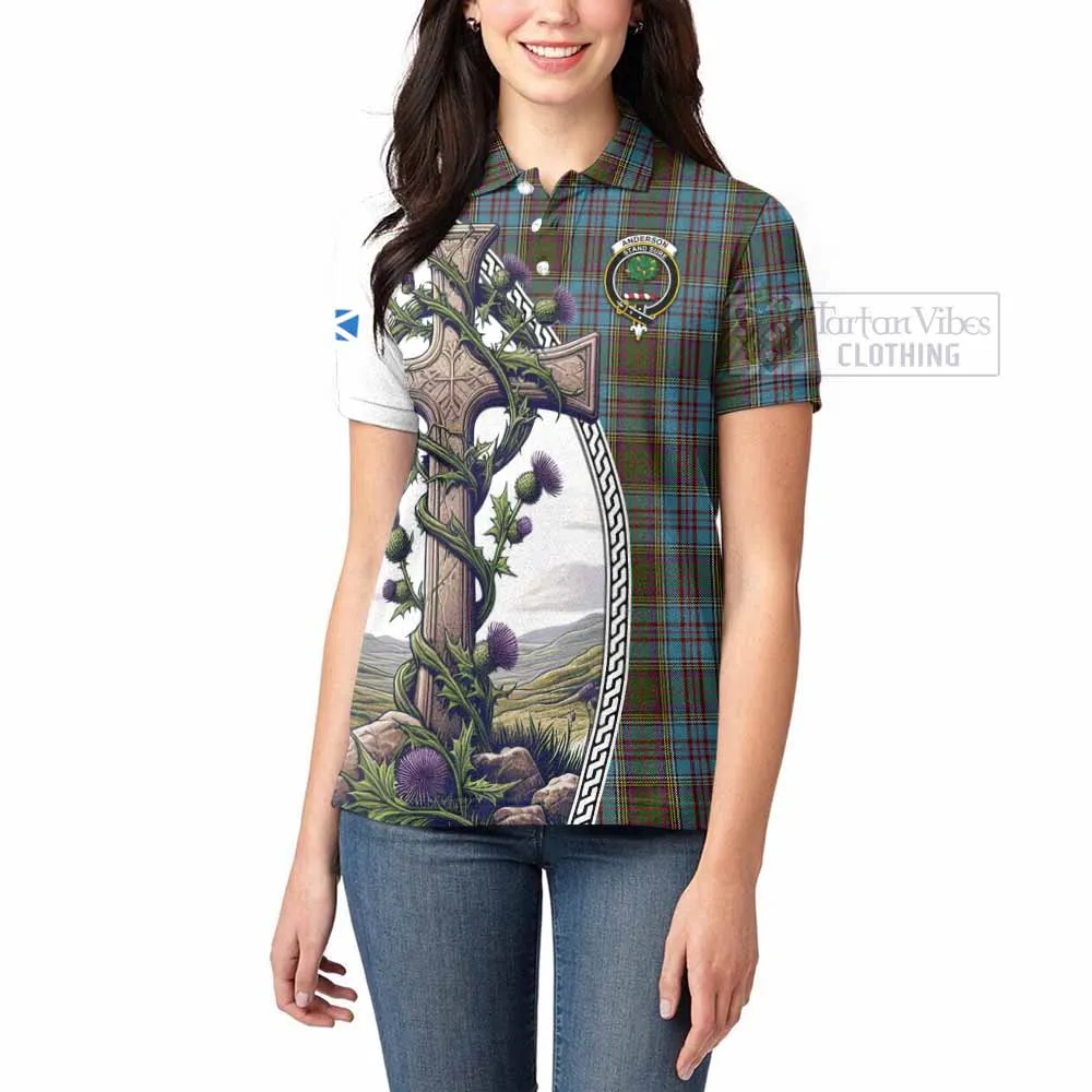 Anderson Tartan Women's Polo Shirt with Family Crest and St. Andrew's Cross Accented by Thistle Vines