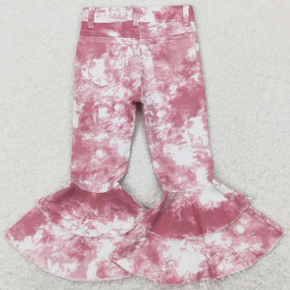 Baby Girls Clothes Pink Tie Dye Double Ruffle Bell Flare Denim Pants P0399