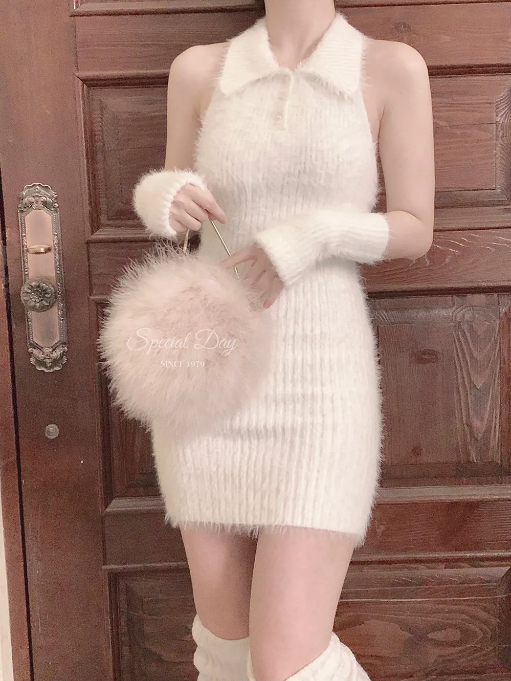 [Basic] Soft angel bodycon faux fur dress set