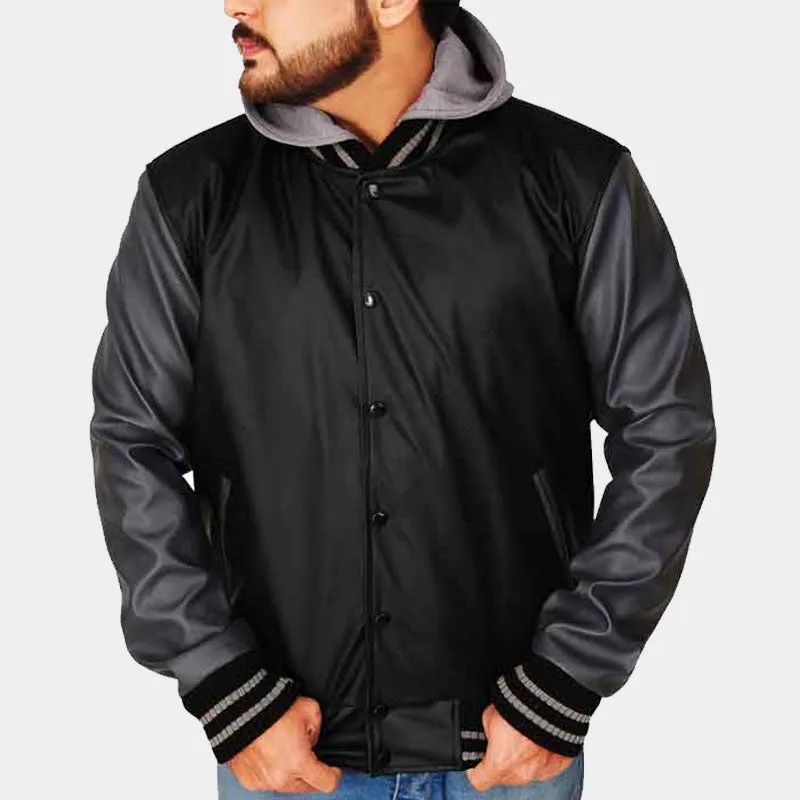 Best Sale Genuine Looking Black & Grey Hoodie Leather Varsity Jacket