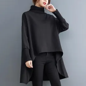 Black Irregular Turtleneck Long Sleeves Women Fall Shirts