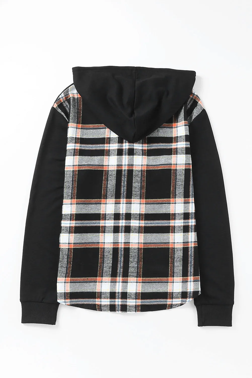 Black Plaid Buttons Long Sleeve Hooded Jacket