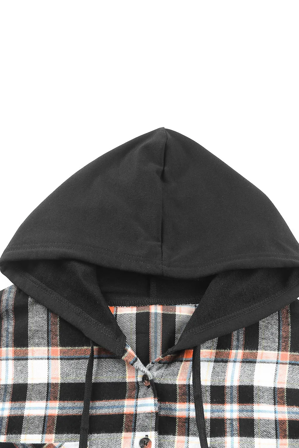 Black Plaid Buttons Long Sleeve Hooded Jacket