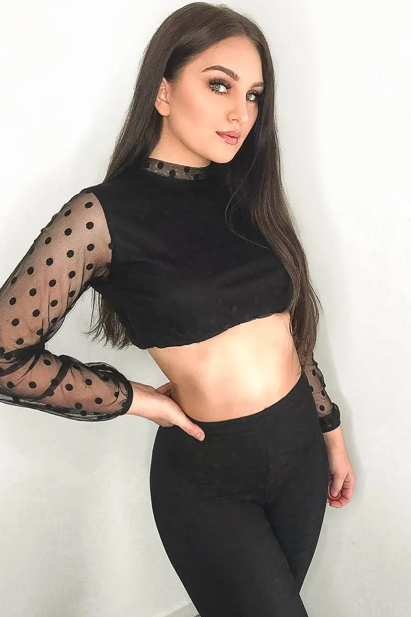 Black Polka Dot Mesh Crop Top Leggings Co-Ord - Sofia