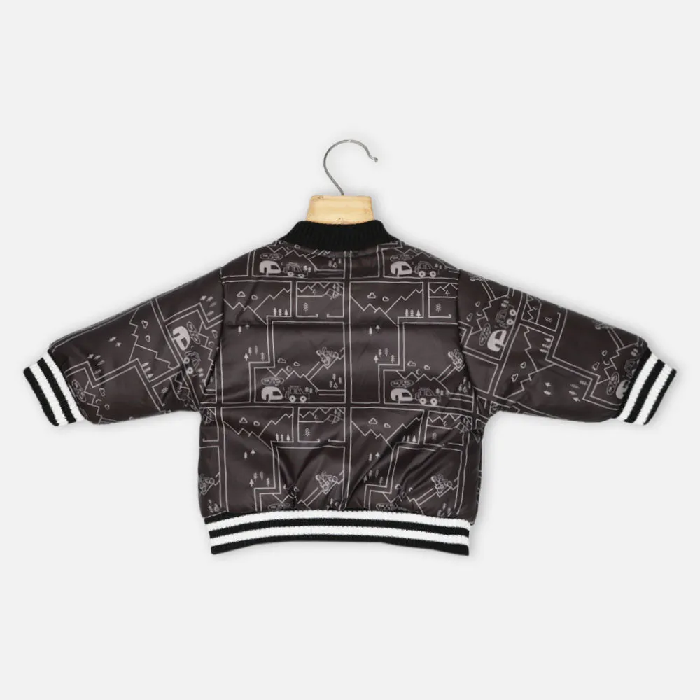 Black Printed Front Zipper Winter Jacket