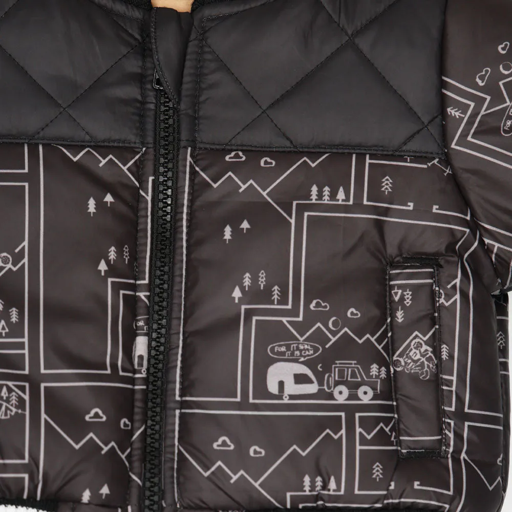 Black Printed Front Zipper Winter Jacket