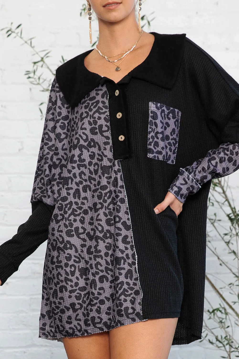 Black Waffle Knit and Leopard Print Color Block Oversized Henley Shirt