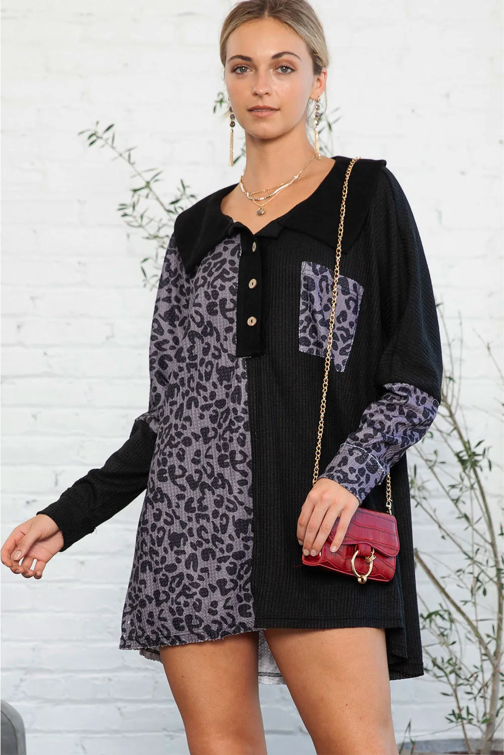 Black Waffle Knit and Leopard Print Color Block Oversized Henley Shirt