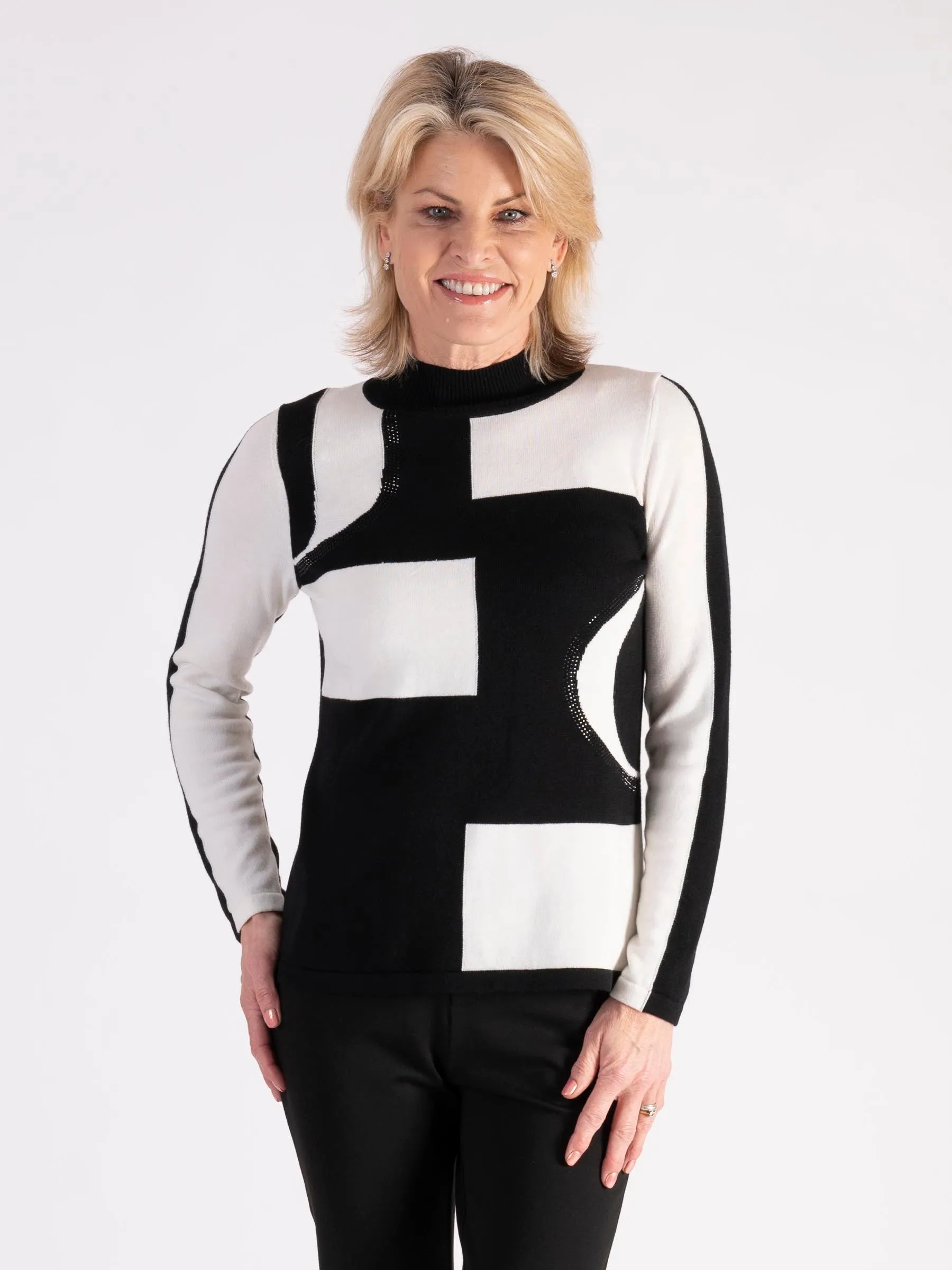 Black/White Abstract Shapes Jumper With Diamanté Detail