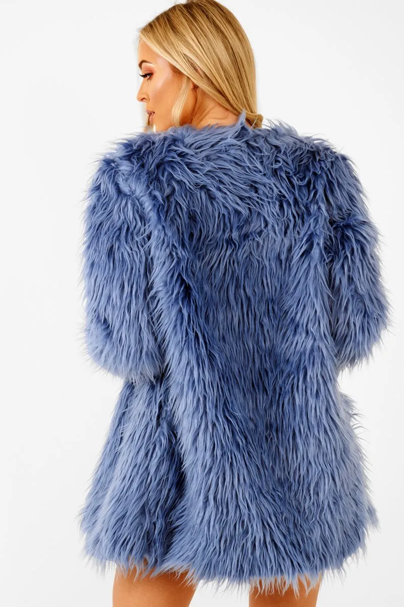 Blue Shaggy Faux Fur Coat - Evalina