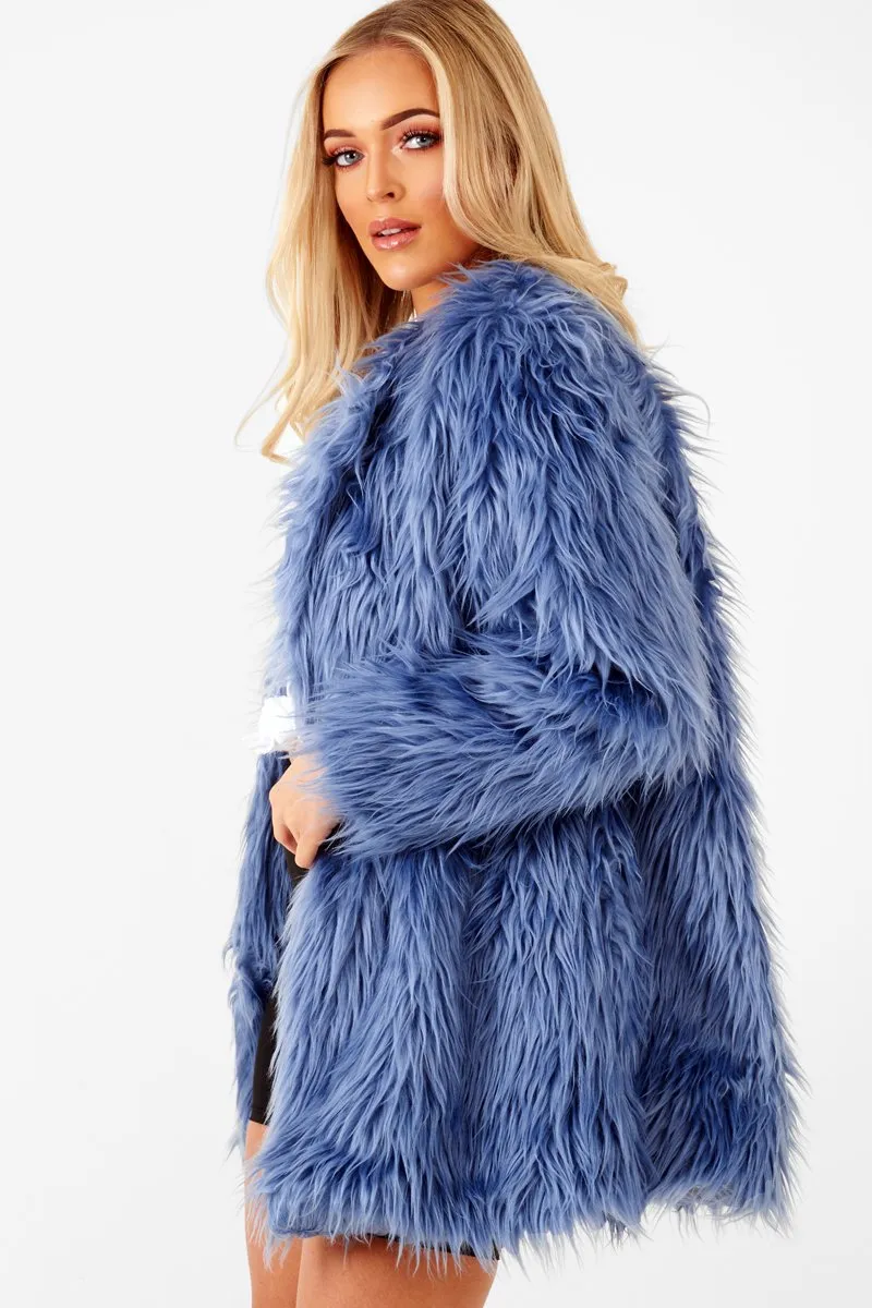 Blue Shaggy Faux Fur Coat - Evalina