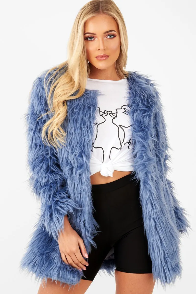 Blue Shaggy Faux Fur Coat - Evalina