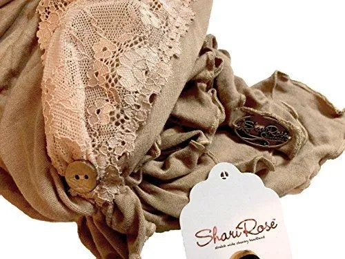 Boho Chic Artisan Head-scarf Tichel Embellished with Wide Floral Lace (Khaki, salmon pink - 246)