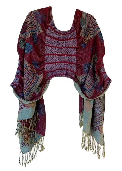 Burgundy Aqua Paisley Gather Shawl