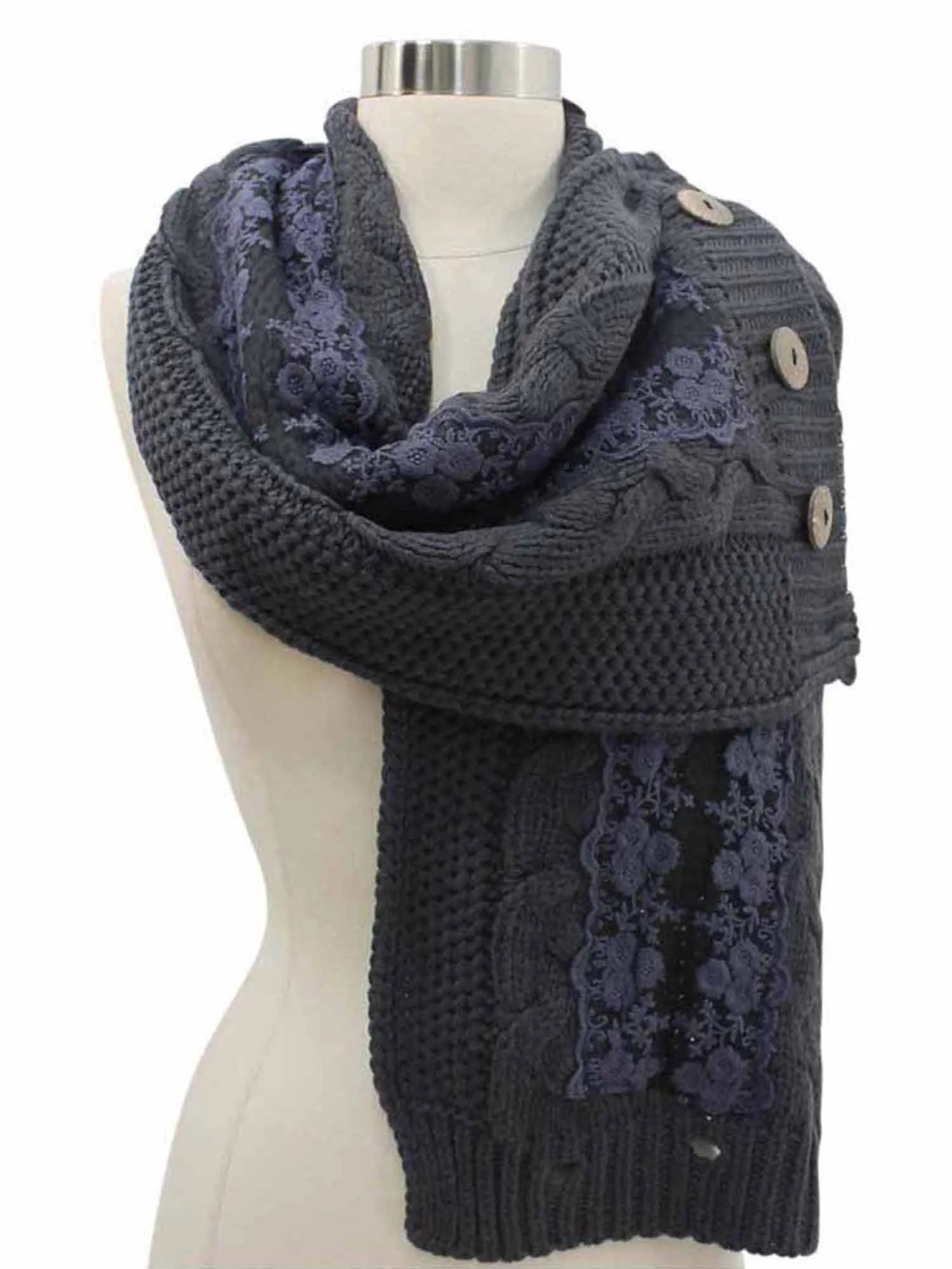 Cable Knit Scarf Neck Wrap With Lace & Button Trim