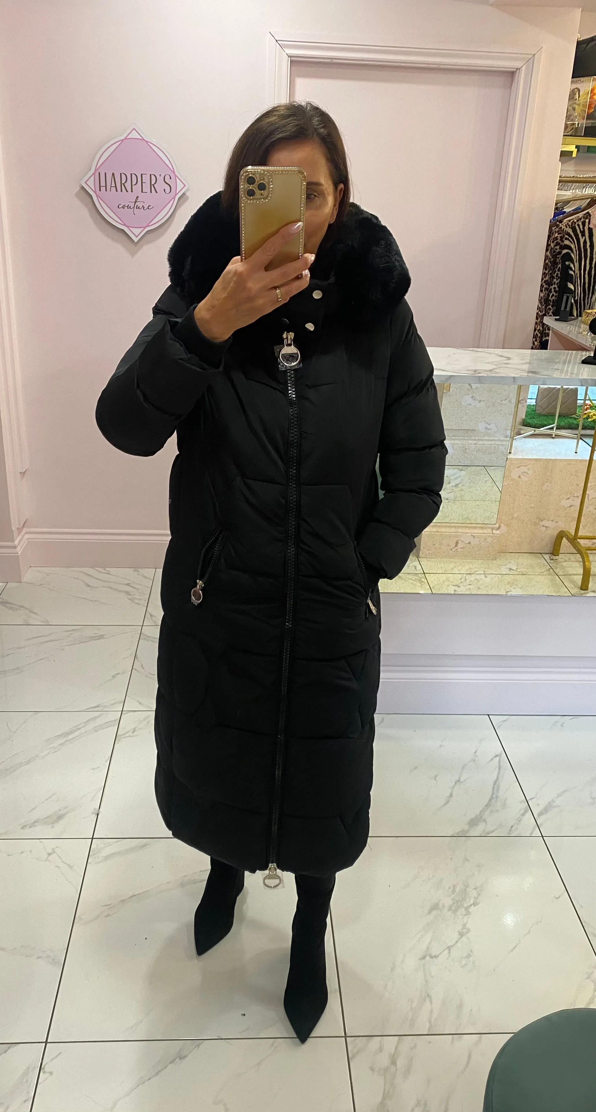 Caroline Black Longline Fur Hood Puffer Coat