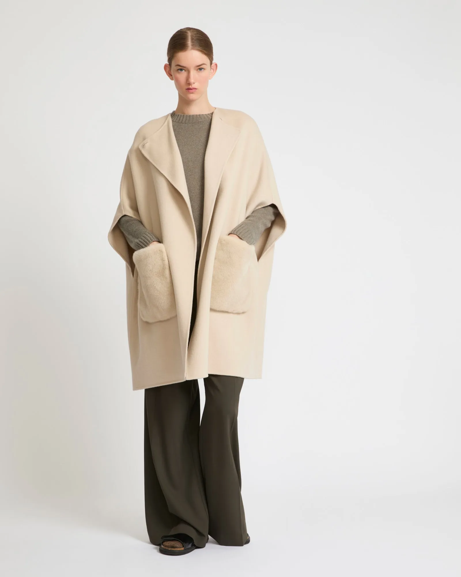 Cashmere blend cape with removable mink pockets