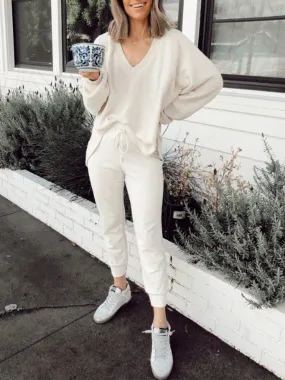 Casual Long-sleeved Plain Top and Sweatpants Suit