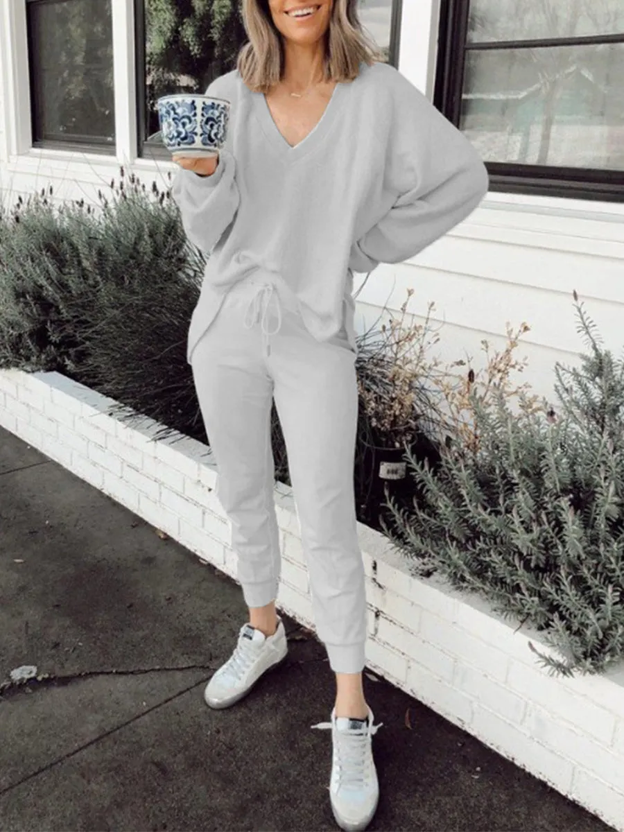 Casual Long-sleeved Plain Top and Sweatpants Suit