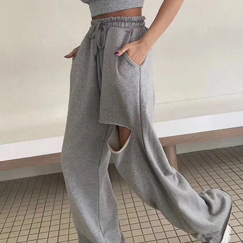 Casual Loose Sweatpants Women High Waist Lace Up Ripped Hole Asymmetrical Sweat Pants For Female Fashion Clothing Summer