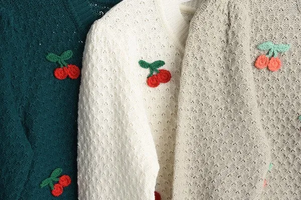 Cherry Crochet Pom Pom Cropped Cardigan Sweater